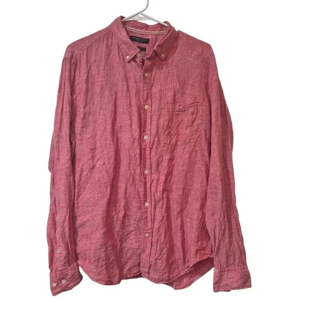 Banana Republic Men's Raspberry Pink/Red Linen Classic Fit Button Down Collar Bu